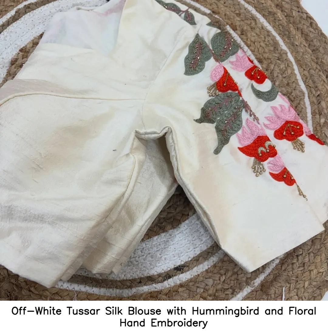 Off-White Tussar Silk Blouse with Hummingbird and Floral Hand Embroidery