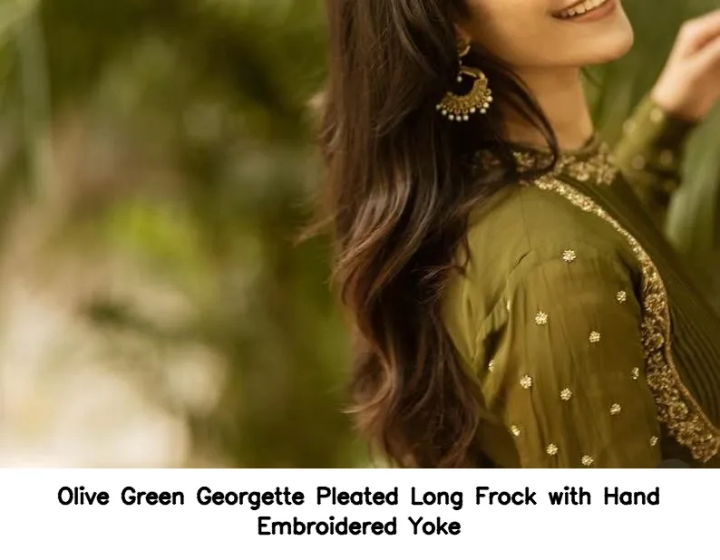 Olive Green Georgette Pleated Long Frock with Hand Embroidered Yoke