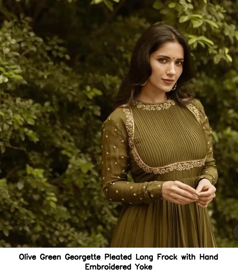 Olive Green Georgette Pleated Long Frock with Hand Embroidered Yoke