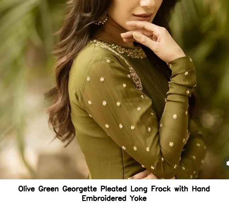 Olive Green Georgette Pleated Long Frock with Hand Embroidered Yoke