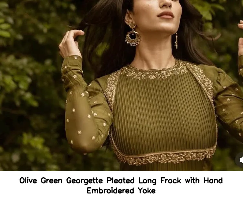 Olive Green Georgette Pleated Long Frock with Hand Embroidered Yoke