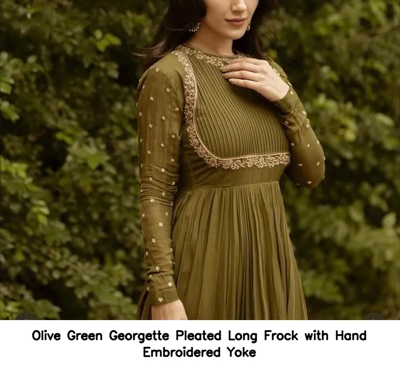 Olive Green Georgette Pleated Long Frock with Hand Embroidered Yoke