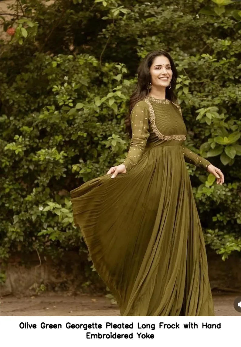 Olive Green Georgette Pleated Long Frock with Hand Embroidered Yoke