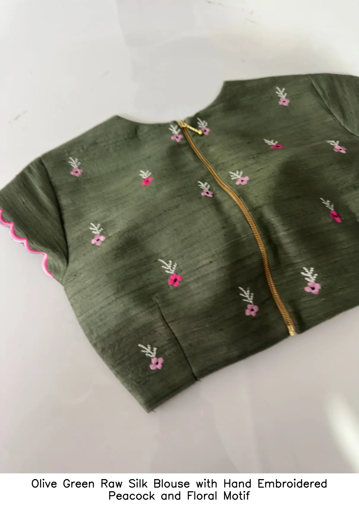 Olive Green Raw Silk Blouse with Hand Embroidered Peacock and Floral Motif