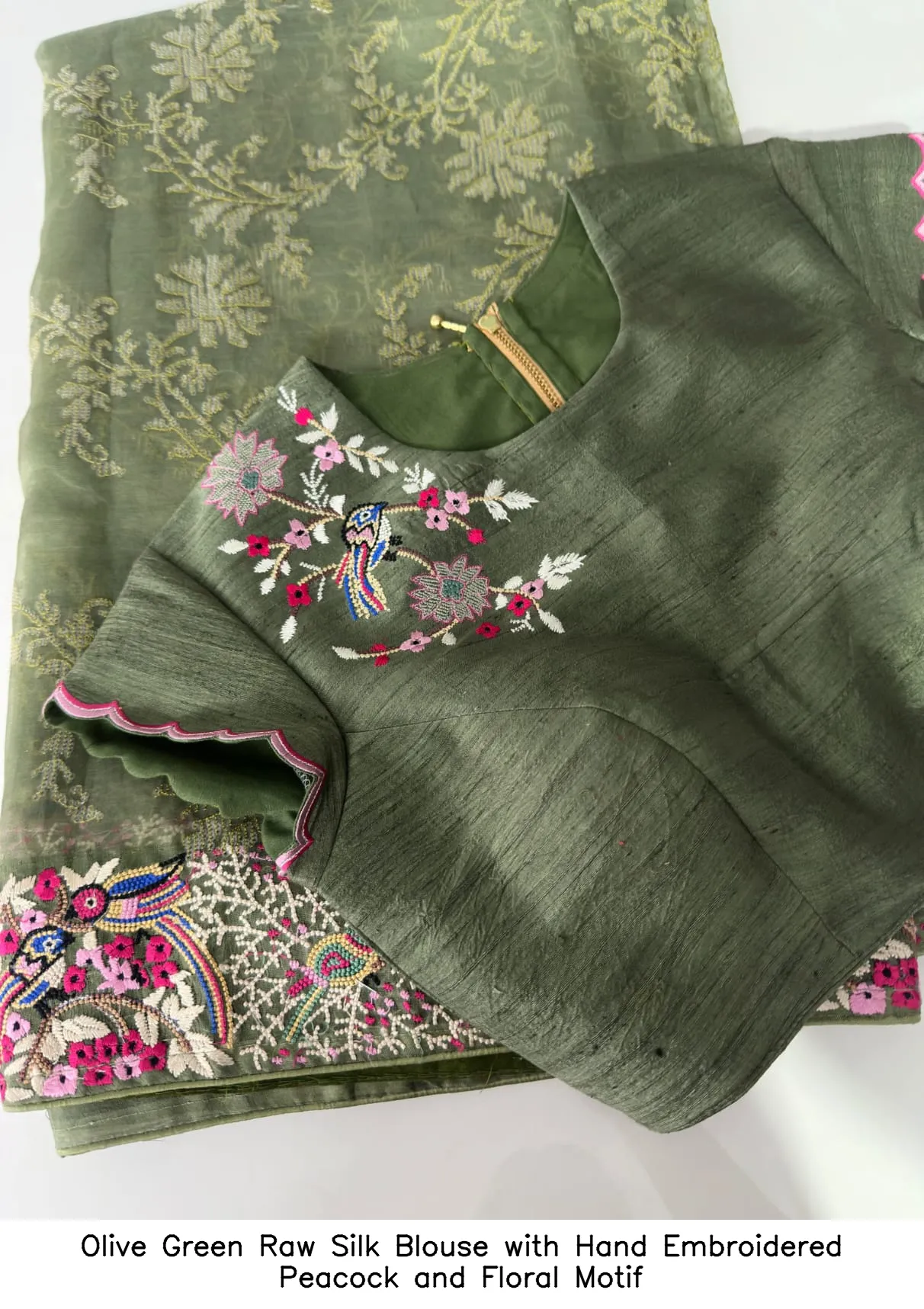 Olive Green Raw Silk Blouse with Hand Embroidered Peacock and Floral Motif
