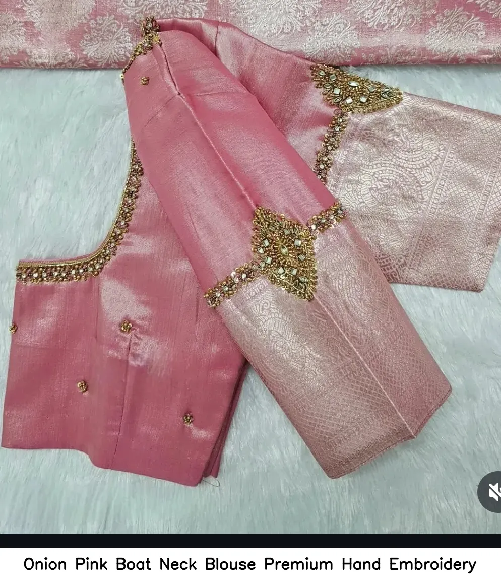 Onion Pink Boat Neck Blouse Premium Hand Embroidery