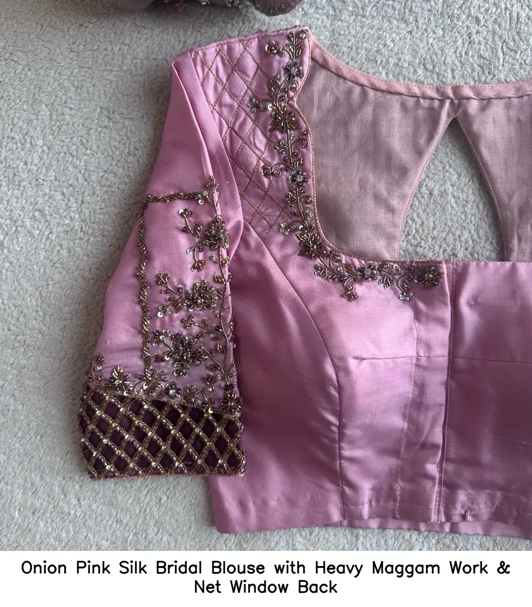 Onion Pink Silk Bridal Blouse with Heavy Maggam Work & Net Window Back