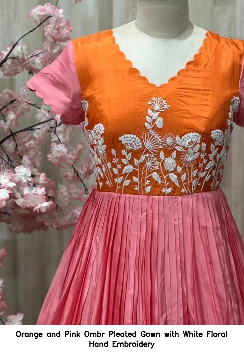 Orange and Pink Ombré Pleated Gown with White Floral Hand Embroidery 2