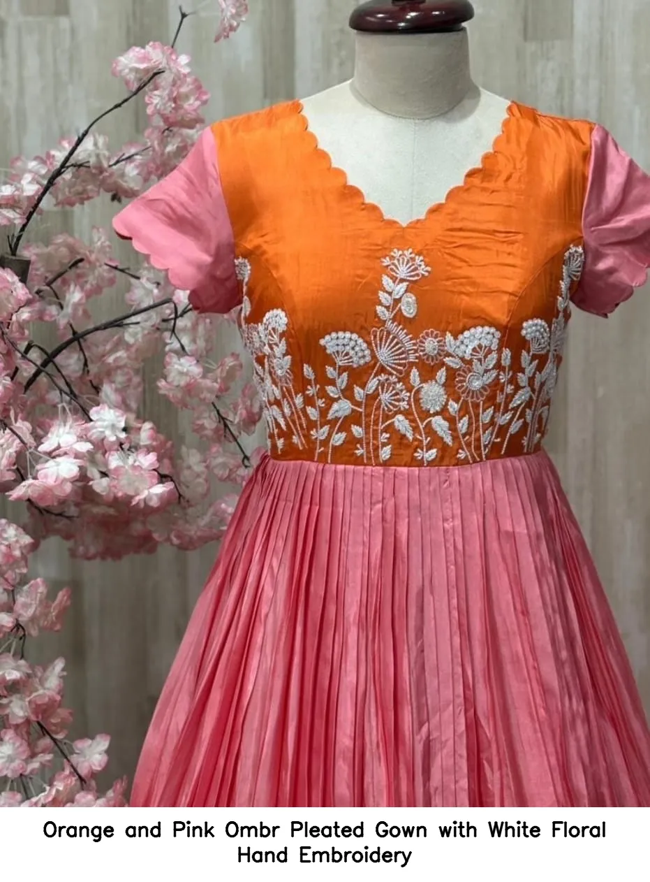Orange and Pink Ombré Pleated Gown with White Floral Hand Embroidery 3