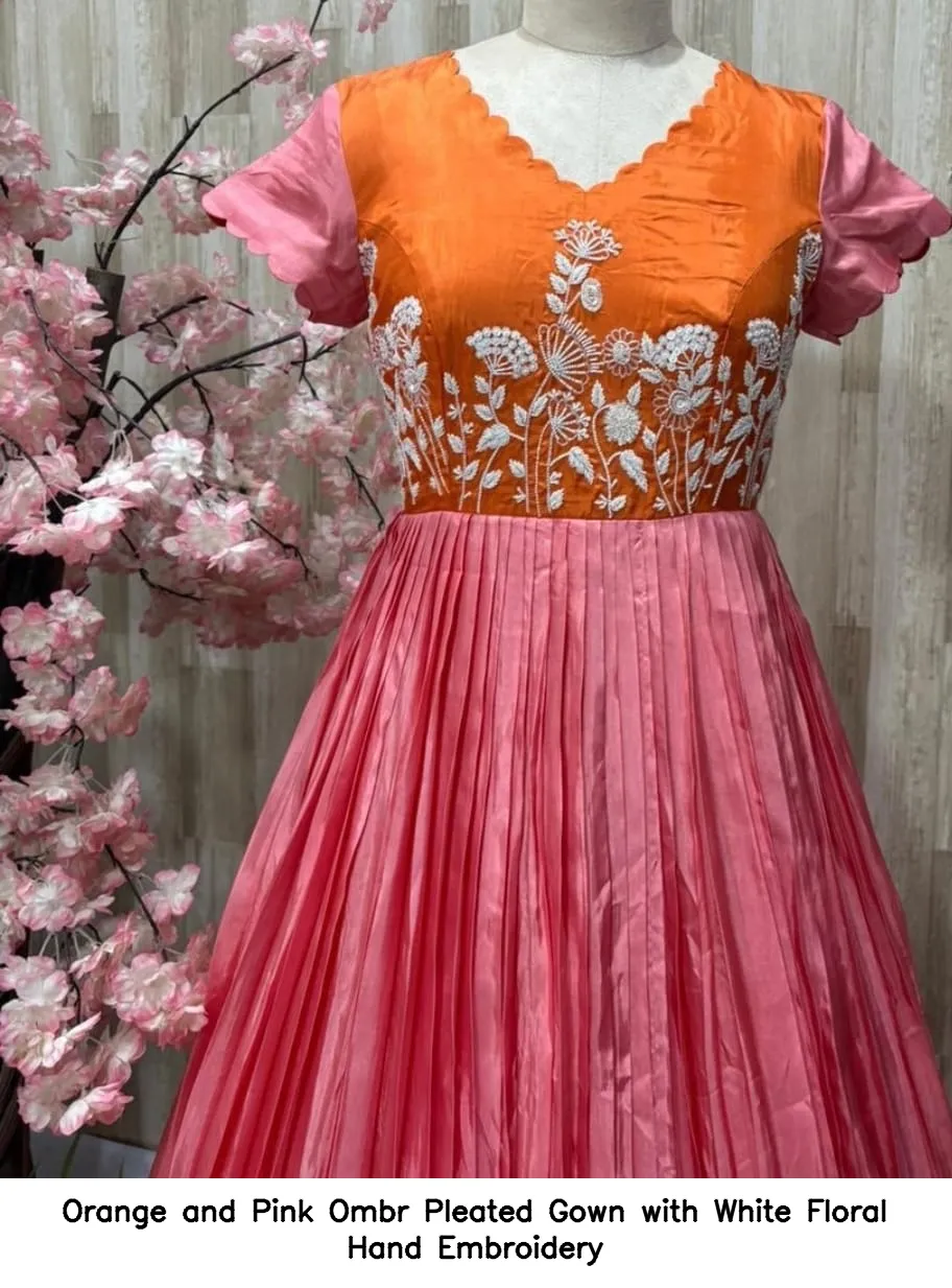 Orange and Pink Ombré Pleated Gown with White Floral Hand Embroidery 4