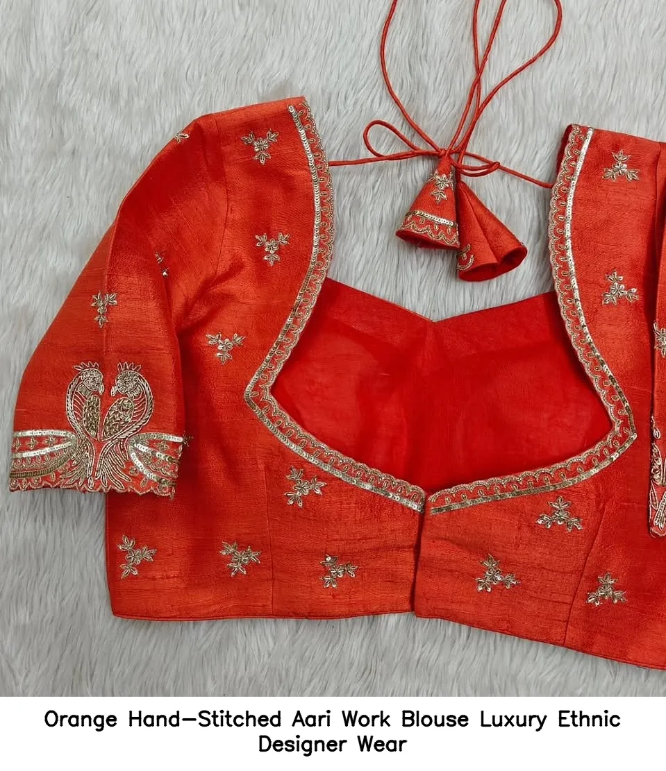 Orange Hand-Stitched Aari Work Blouse – Luxury Ethnic Designer Wear