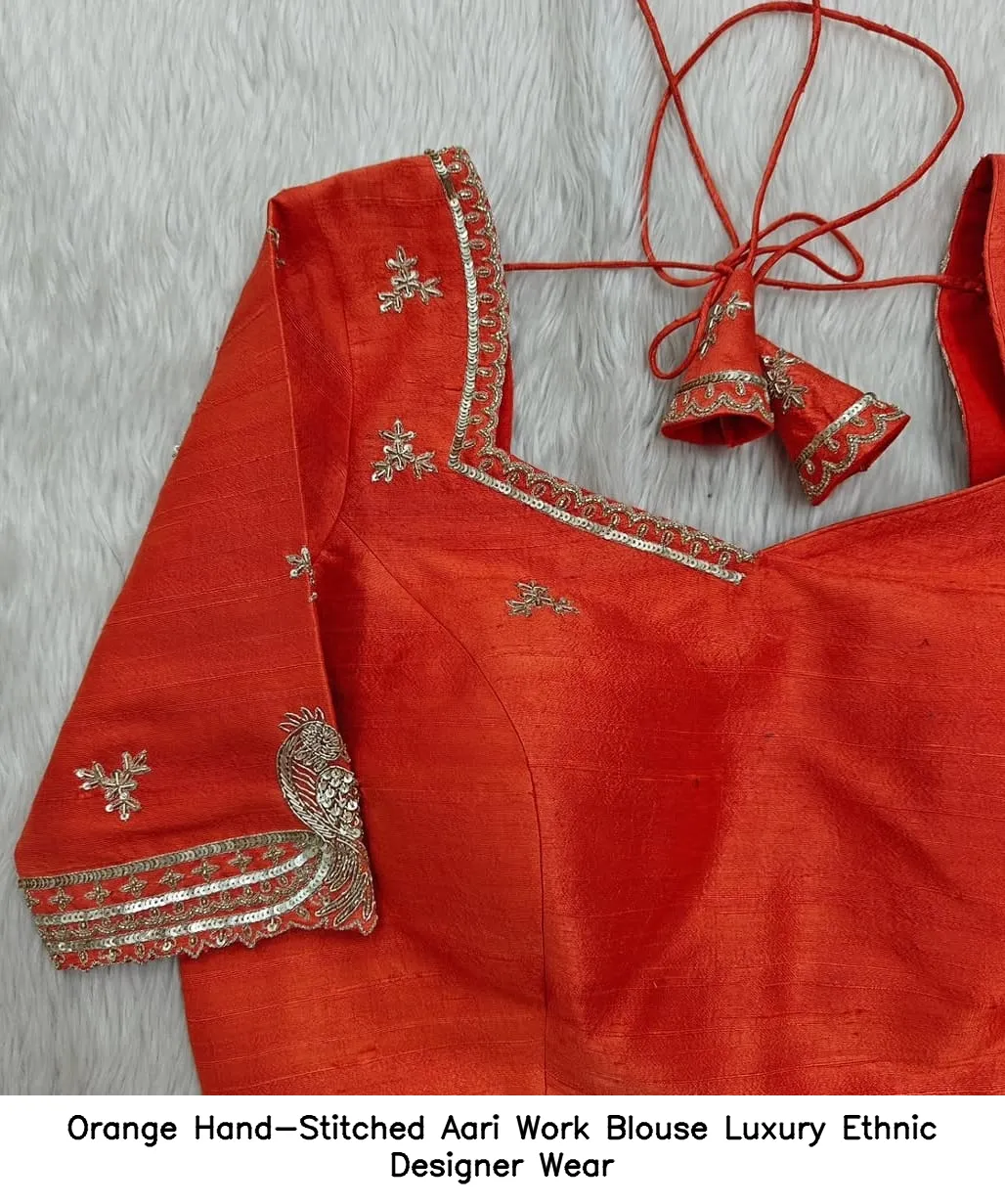 Orange Hand-Stitched Aari Work Blouse – Luxury Ethnic Designer Wear