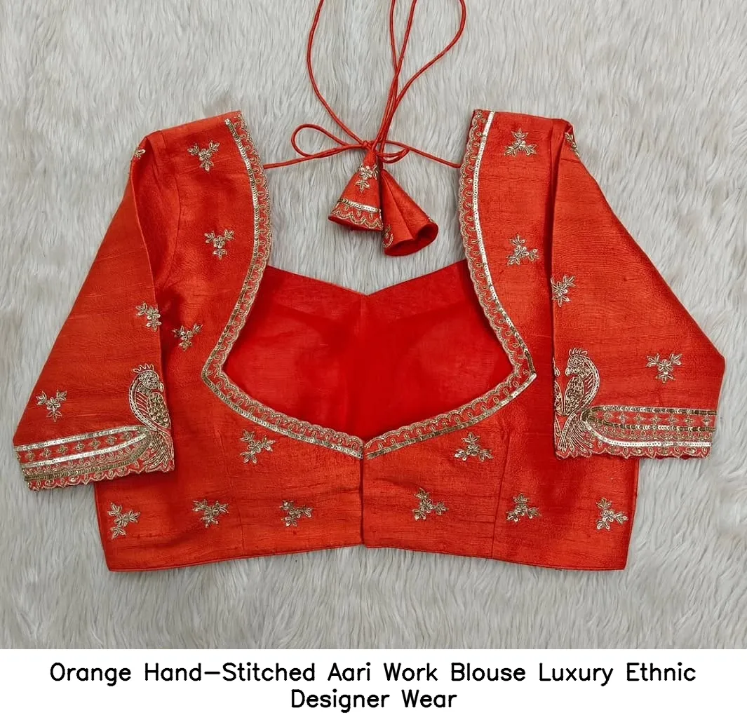 Orange Hand-Stitched Aari Work Blouse – Luxury Ethnic Designer Wear