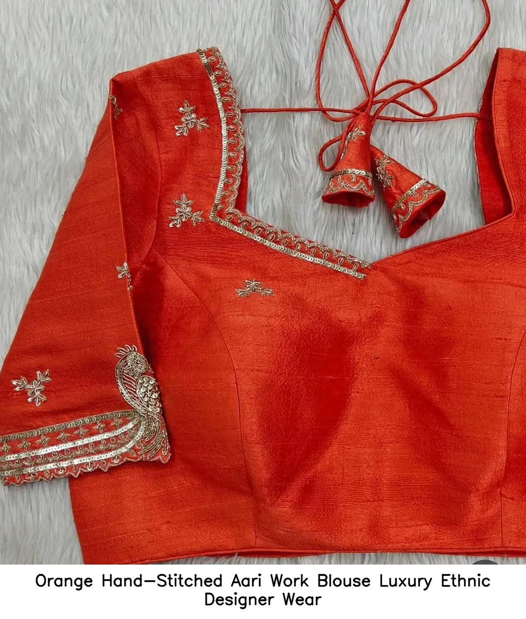 Orange Hand-Stitched Aari Work Blouse – Luxury Ethnic Designer Wear