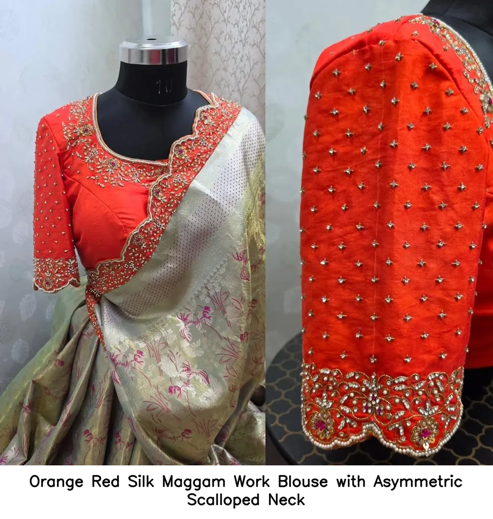 Orange Red Silk Maggam Work Blouse with Asymmetric Scalloped Neck