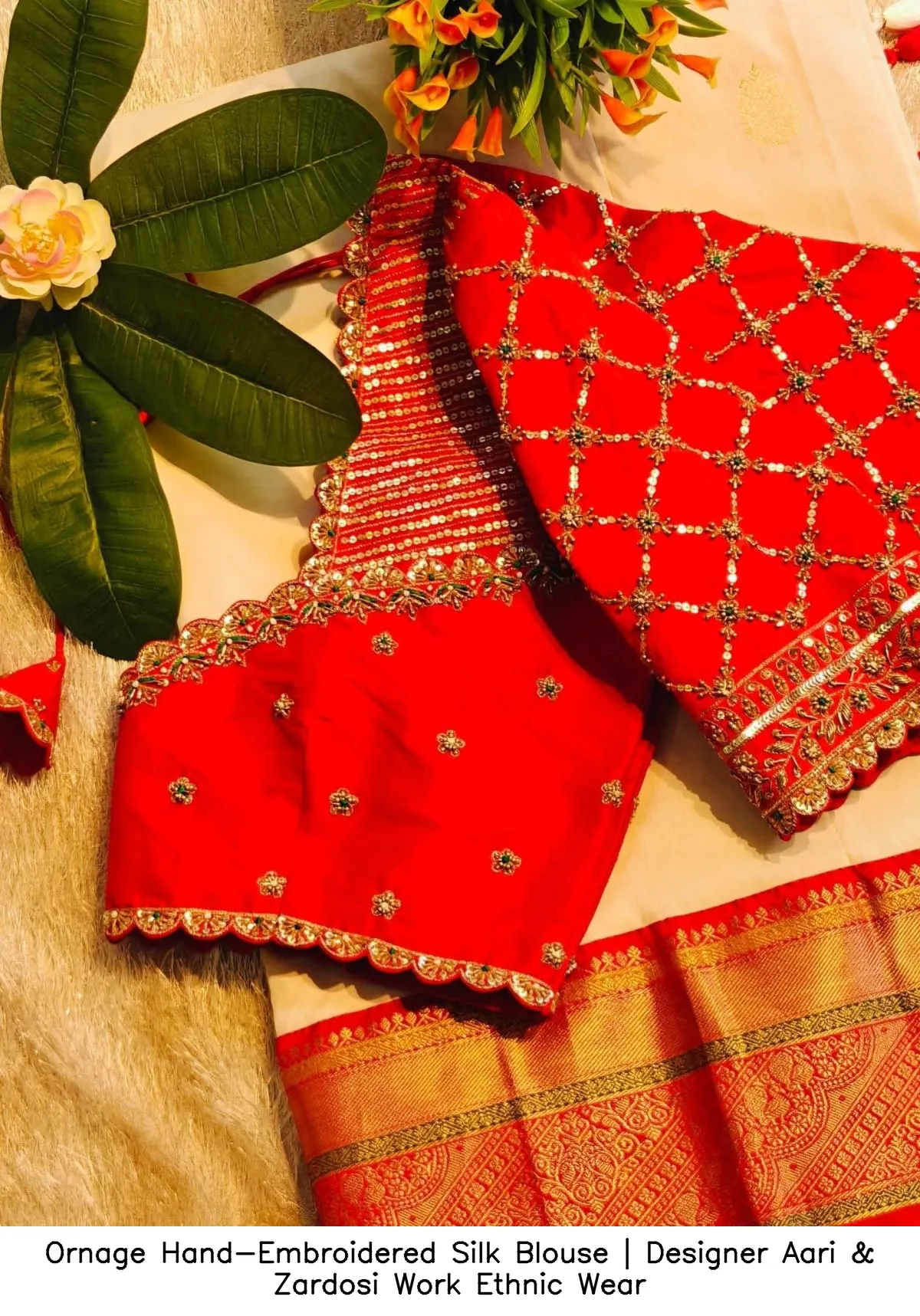 Ornage Hand-Embroidered Silk Blouse | Designer Aari & Zardosi Work Ethnic Wear