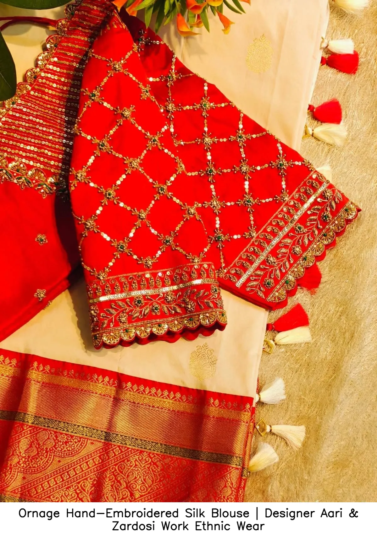 Ornage Hand-Embroidered Silk Blouse | Designer Aari & Zardosi Work Ethnic Wear 2