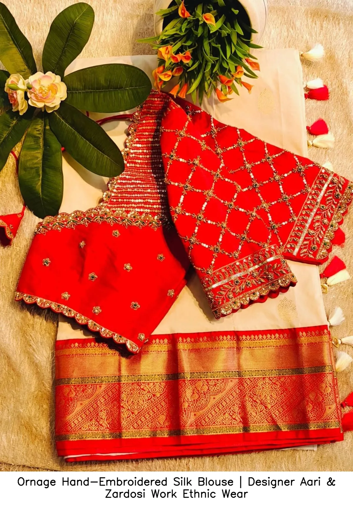 Ornage Hand-Embroidered Silk Blouse | Designer Aari & Zardosi Work Ethnic Wear 3