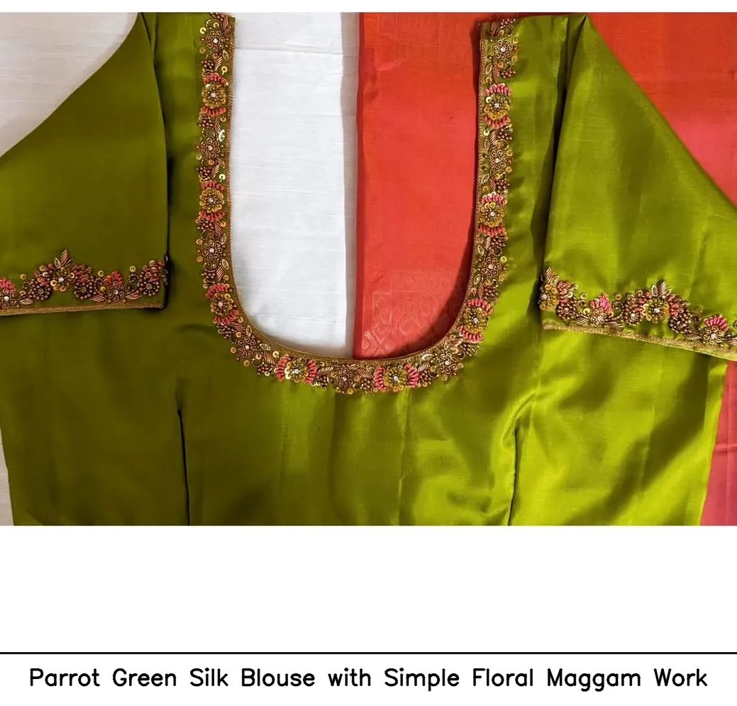 Parrot Green Silk Blouse with Simple Floral Maggam Work