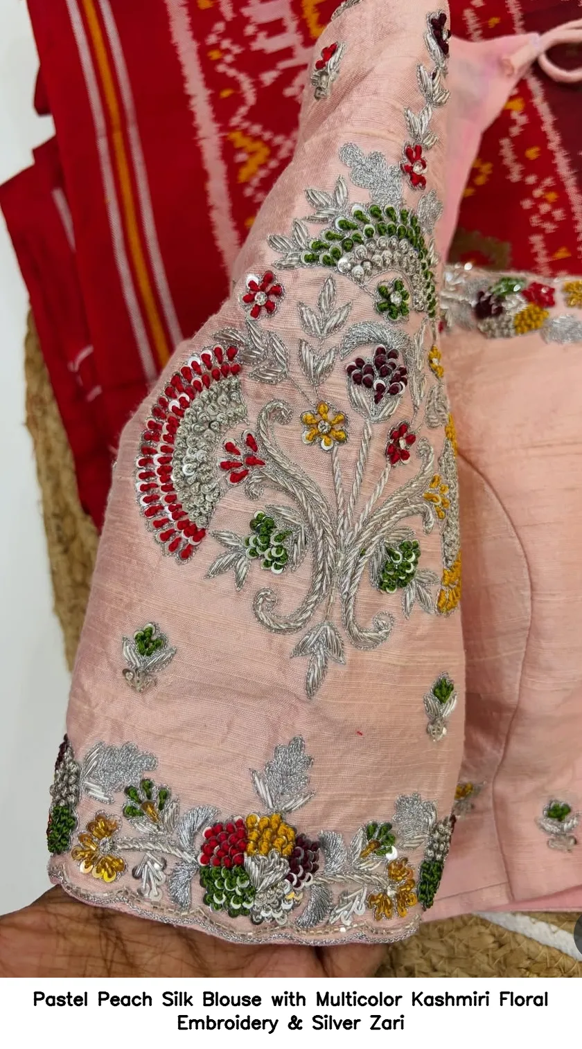 Pastel Peach Silk Blouse with Multicolor Kashmiri Floral Embroidery & Silver Zari