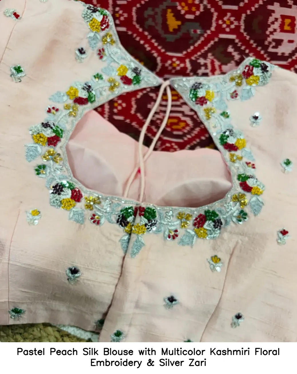 Pastel Peach Silk Blouse with Multicolor Kashmiri Floral Embroidery & Silver Zari