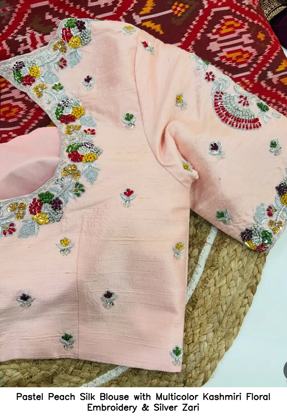 Pastel Peach Silk Blouse with Multicolor Kashmiri Floral Embroidery & Silver Zari