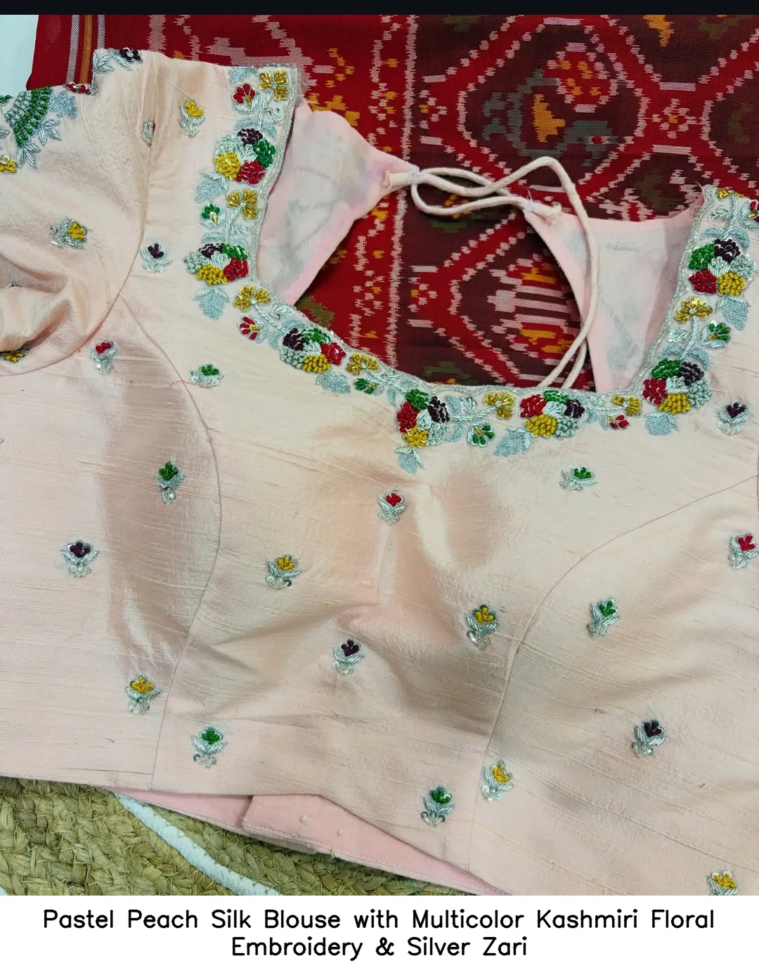 Pastel Peach Silk Blouse with Multicolor Kashmiri Floral Embroidery & Silver Zari