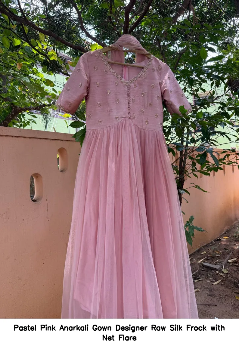 Pastel Pink Anarkali Gown – Designer Raw Silk Frock with Net Flare