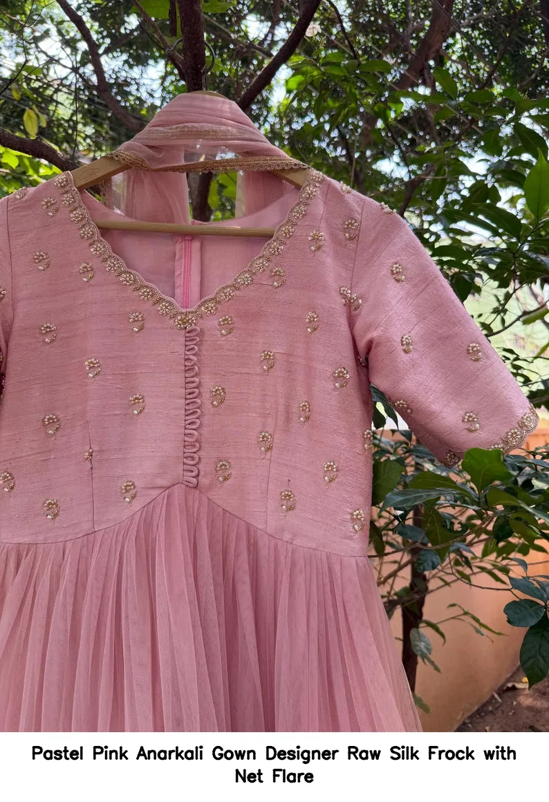 Pastel Pink Anarkali Gown – Designer Raw Silk Frock with Net Flare