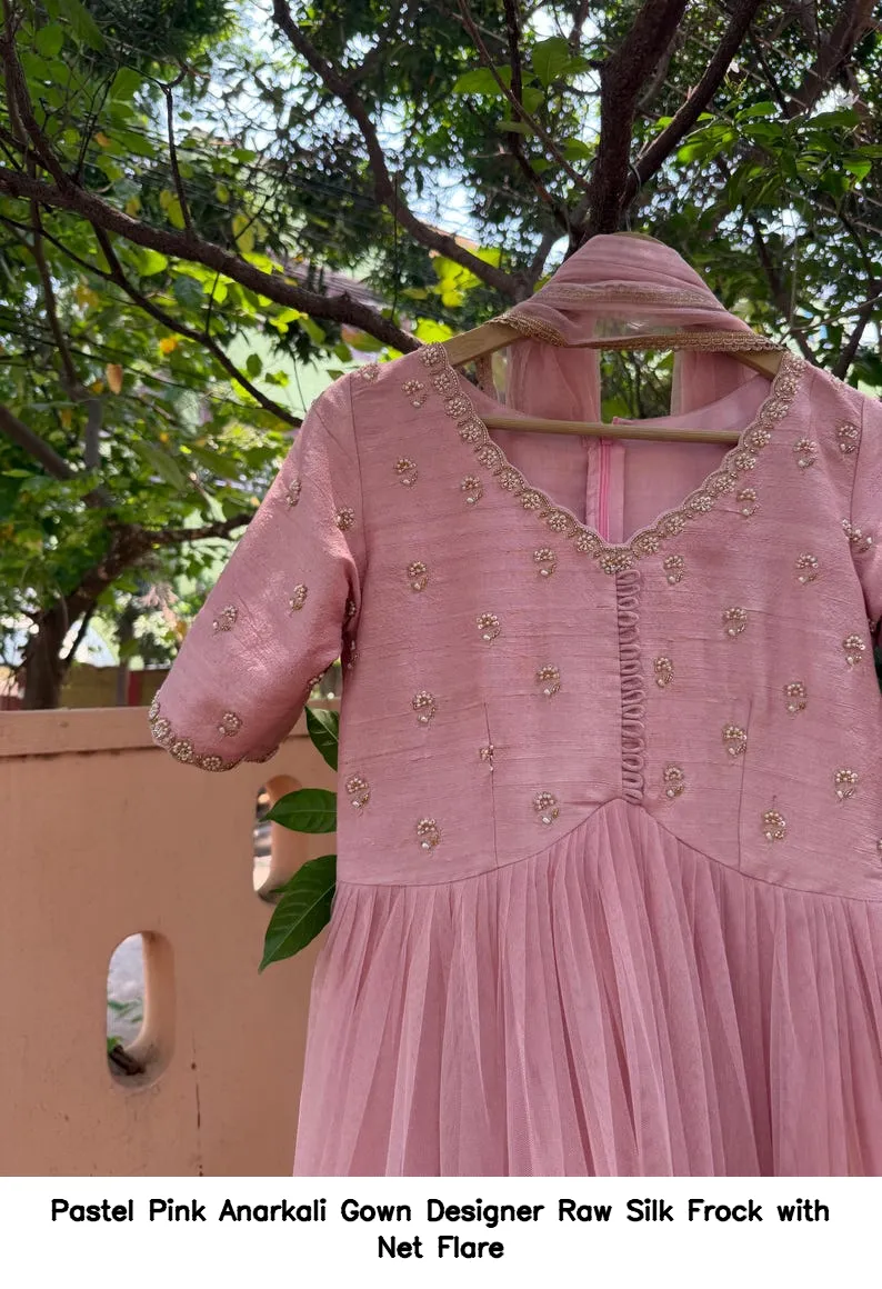 Pastel Pink Anarkali Gown – Designer Raw Silk Frock with Net Flare