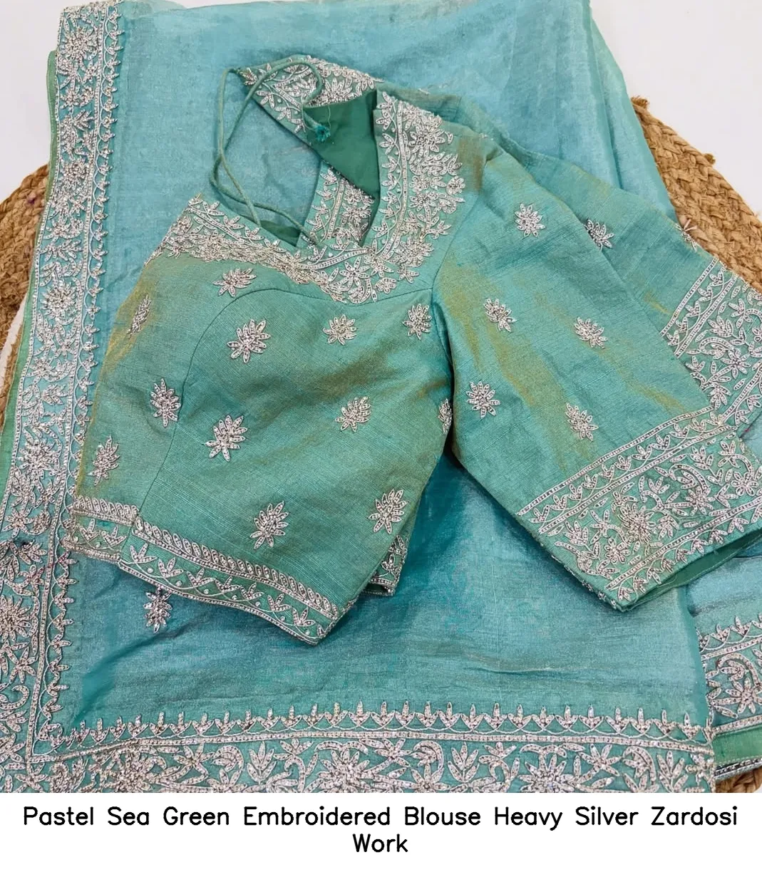 Pastel Sea Green Embroidered Blouse – Heavy Silver Zardosi Work