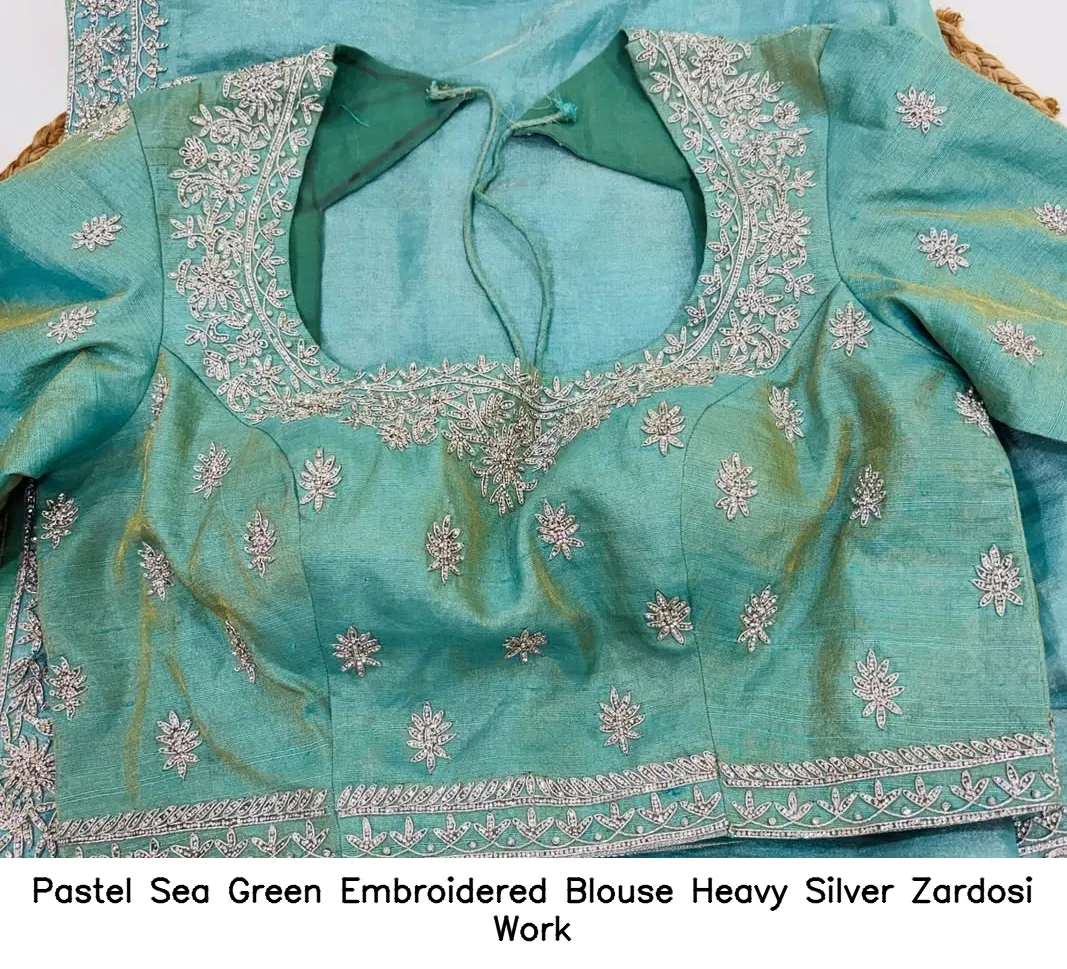 Pastel Sea Green Embroidered Blouse – Heavy Silver Zardosi Work