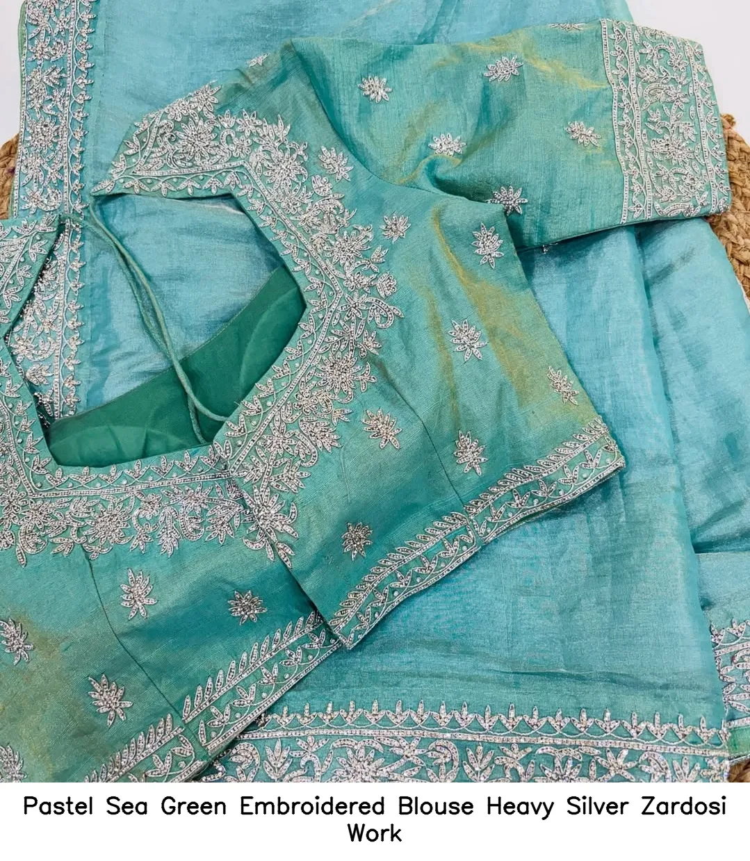 Pastel Sea Green Embroidered Blouse – Heavy Silver Zardosi Work