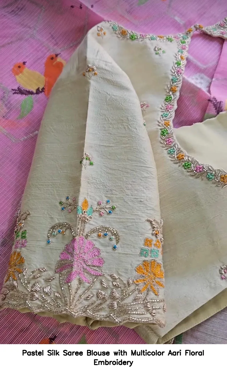 Pastel Silk Saree Blouse with Multicolor Aari Floral Embroidery