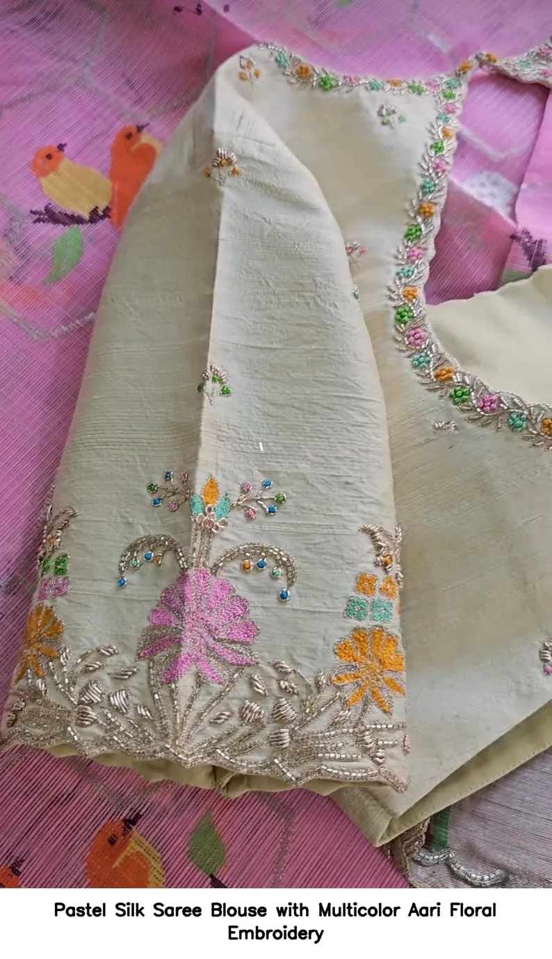 Pastel Silk Saree Blouse with Multicolor Aari Floral Embroidery