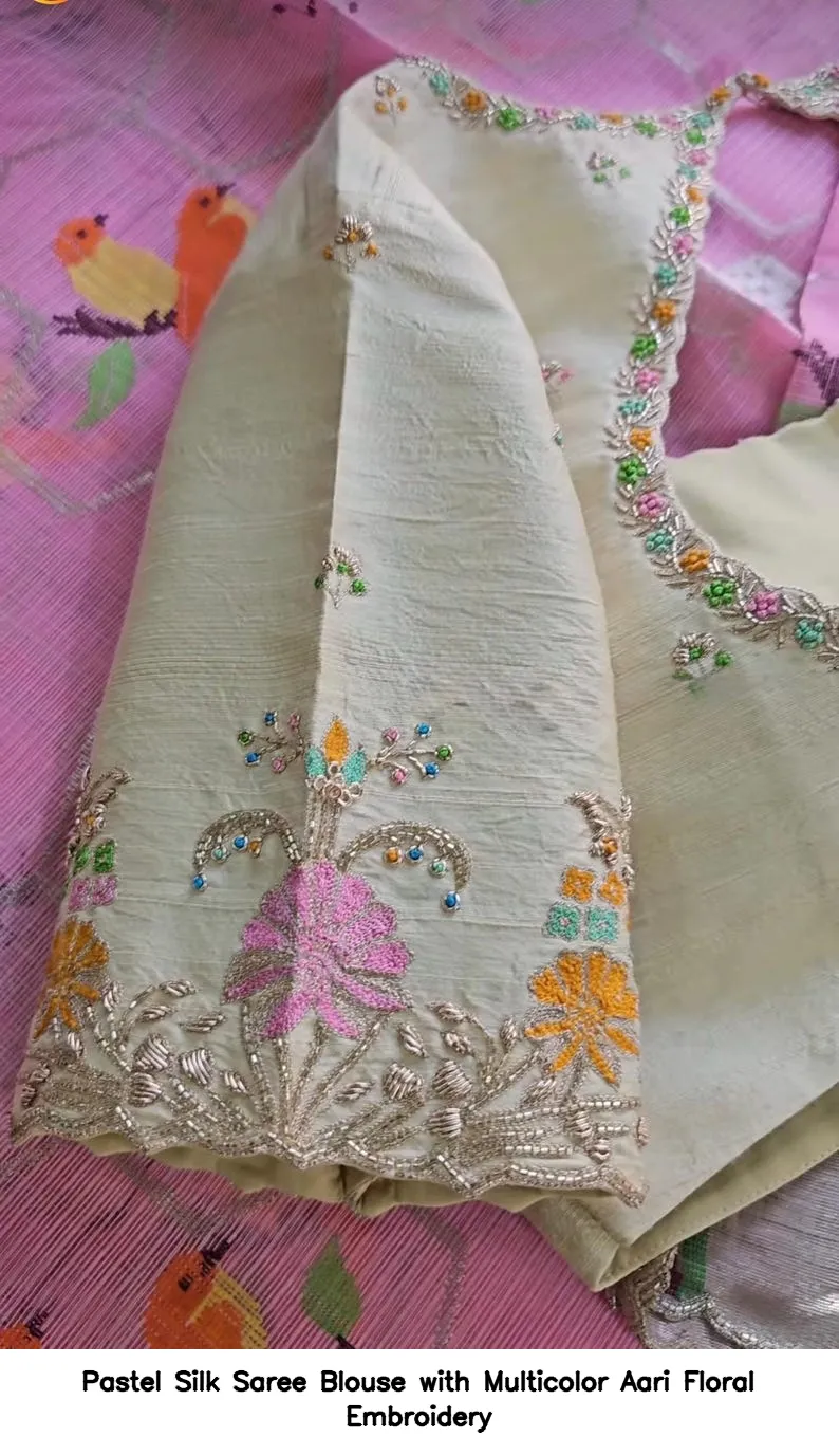 Pastel Silk Saree Blouse with Multicolor Aari Floral Embroidery