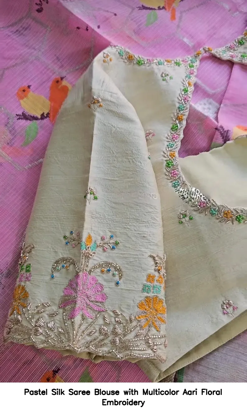 Pastel Silk Saree Blouse with Multicolor Aari Floral Embroidery