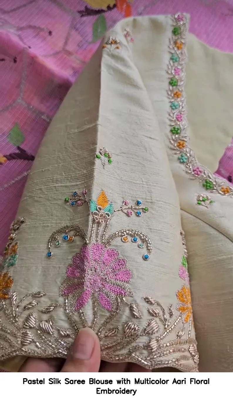Pastel Silk Saree Blouse with Multicolor Aari Floral Embroidery