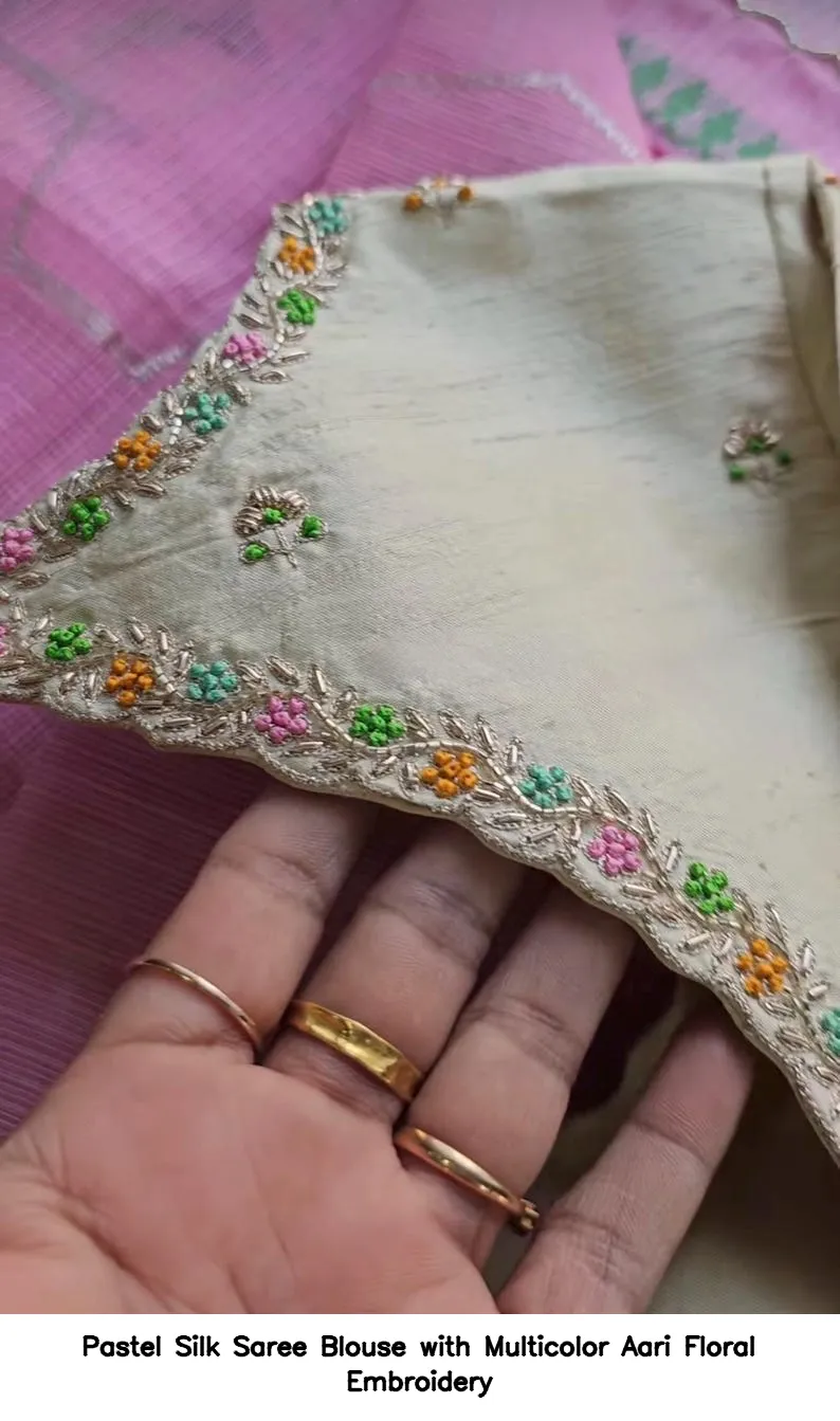 Pastel Silk Saree Blouse with Multicolor Aari Floral Embroidery