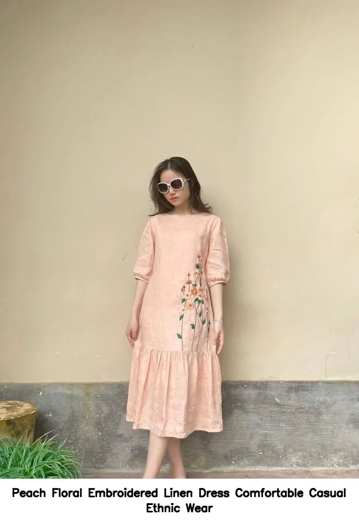 Peach Floral Embroidered Linen Dress