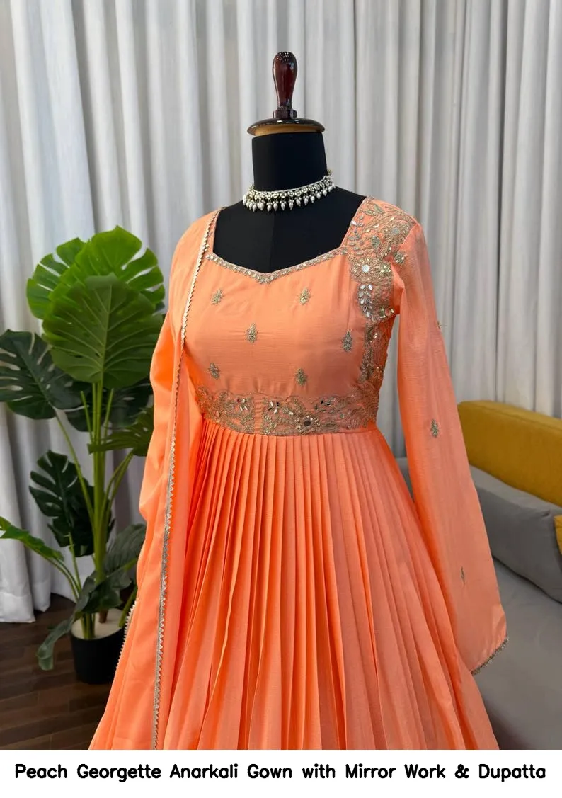 Peach Georgette Anarkali Gown with Mirror Work & Dupatta