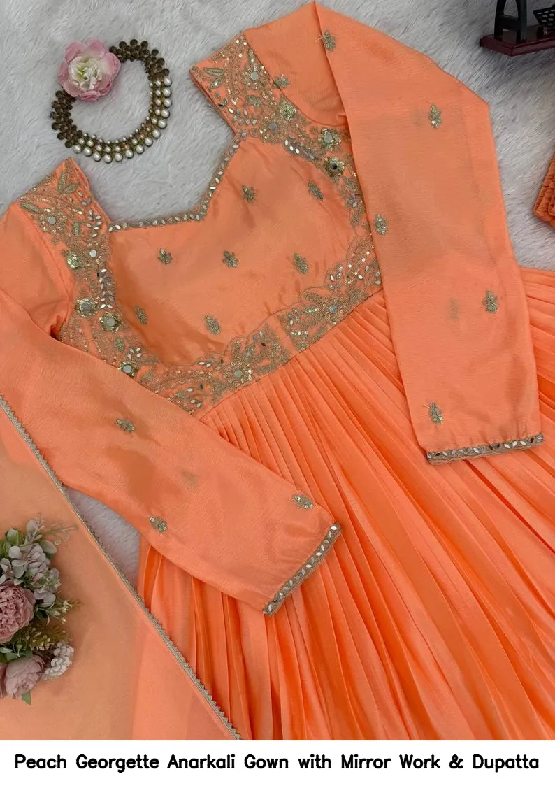 Peach Georgette Anarkali Gown with Mirror Work & Dupatta