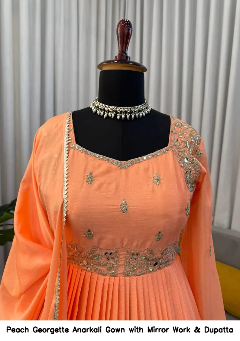 Peach Georgette Anarkali Gown with Mirror Work & Dupatta