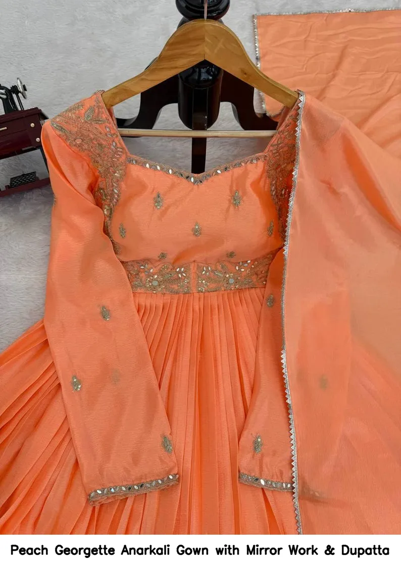 Peach Georgette Anarkali Gown with Mirror Work & Dupatta