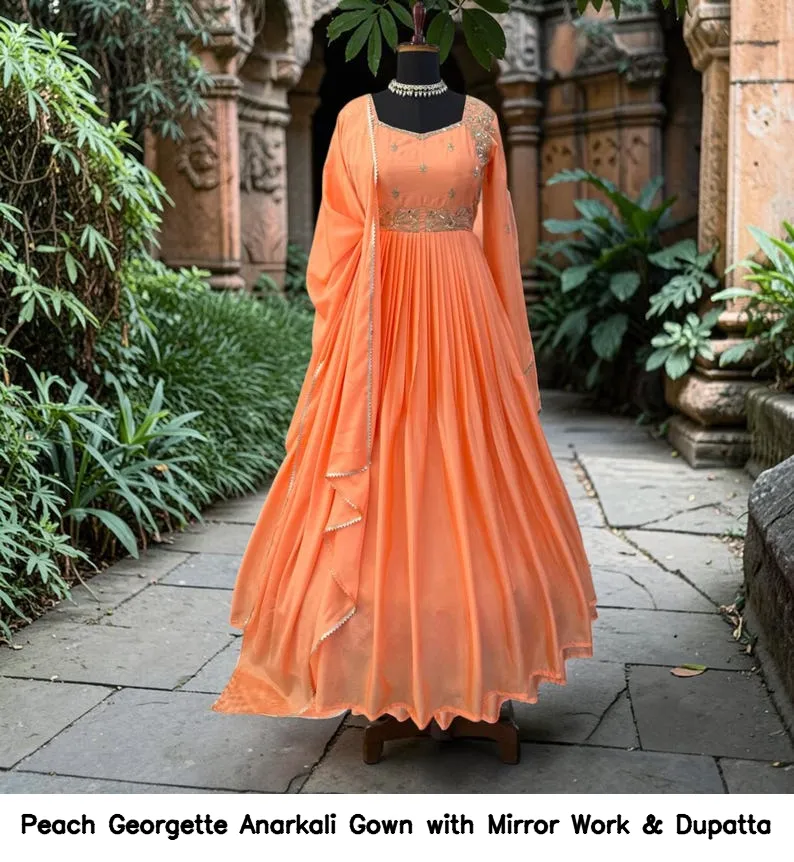 Peach Georgette Anarkali Gown with Mirror Work & Dupatta