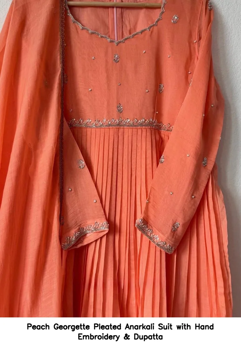Peach Georgette Pleated Anarkali Suit with Hand Embroidery & Dupatta