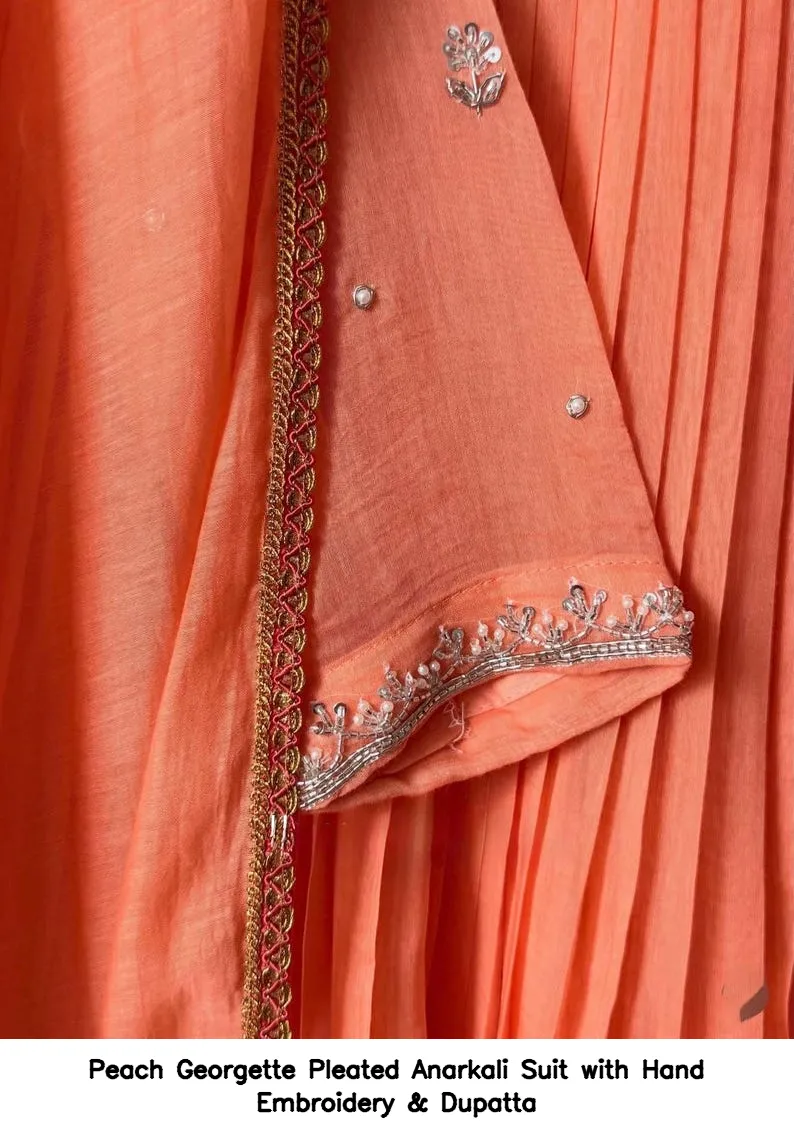 Peach Georgette Pleated Anarkali Suit with Hand Embroidery & Dupatta