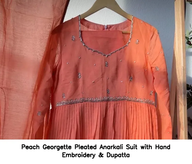 Peach Georgette Pleated Anarkali Suit with Hand Embroidery & Dupatta