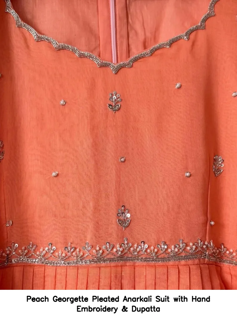 Peach Georgette Pleated Anarkali Suit with Hand Embroidery & Dupatta