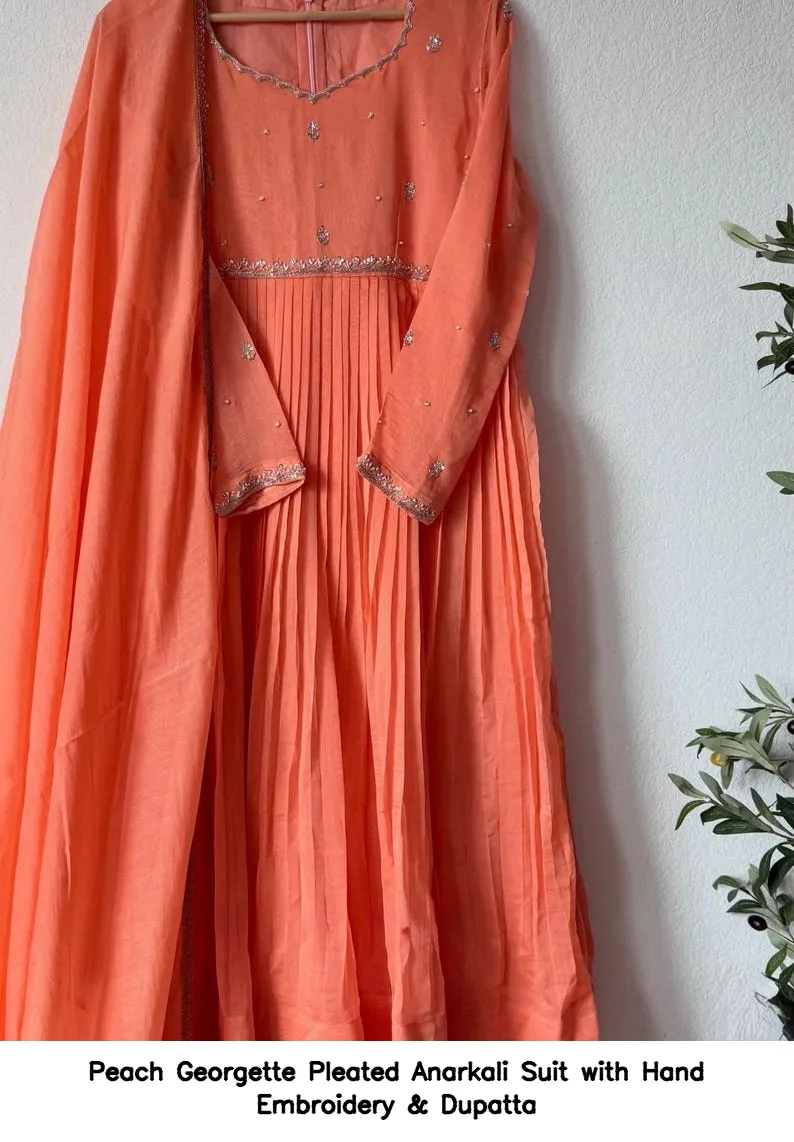 Peach Georgette Pleated Anarkali Suit with Hand Embroidery & Dupatta
